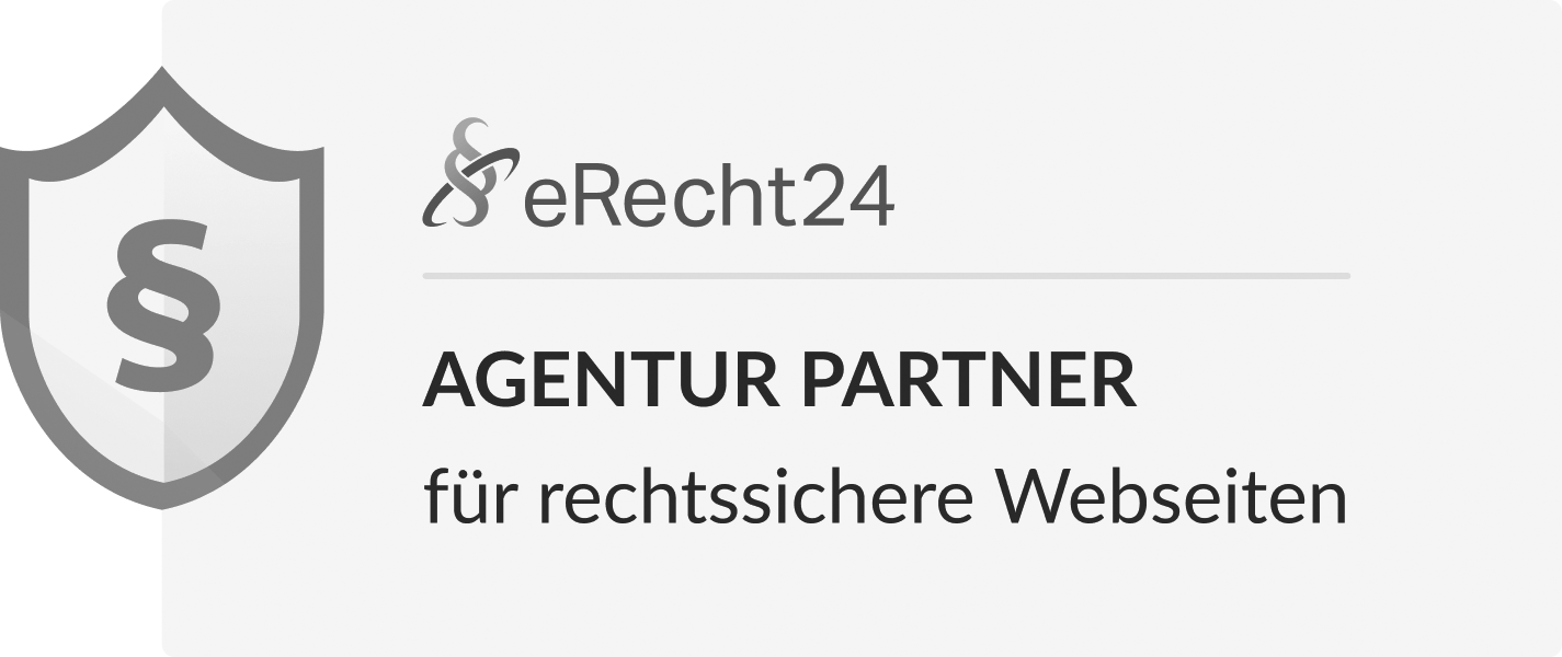 Agentur Partner Siegel für rechtssichere Webseiten von eRecht24 – KREATIVSTUDIO München Schwarz weißes Agentur Partner Siegel für rechtssichere Webseiten von eRecht24 vom des KREATIVSTUDIO München als Qualitätssymbol
